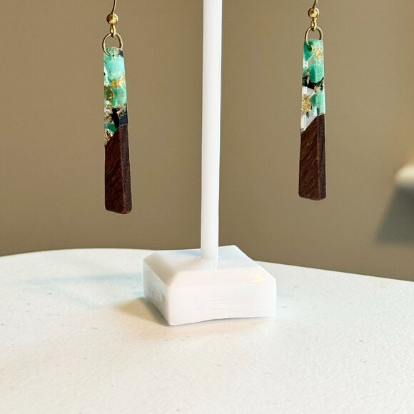 Handmade Retro Walnut Gold Leaf Turquoise Black Resin Boho Trapezoid Earrings - Picture 1 of 6